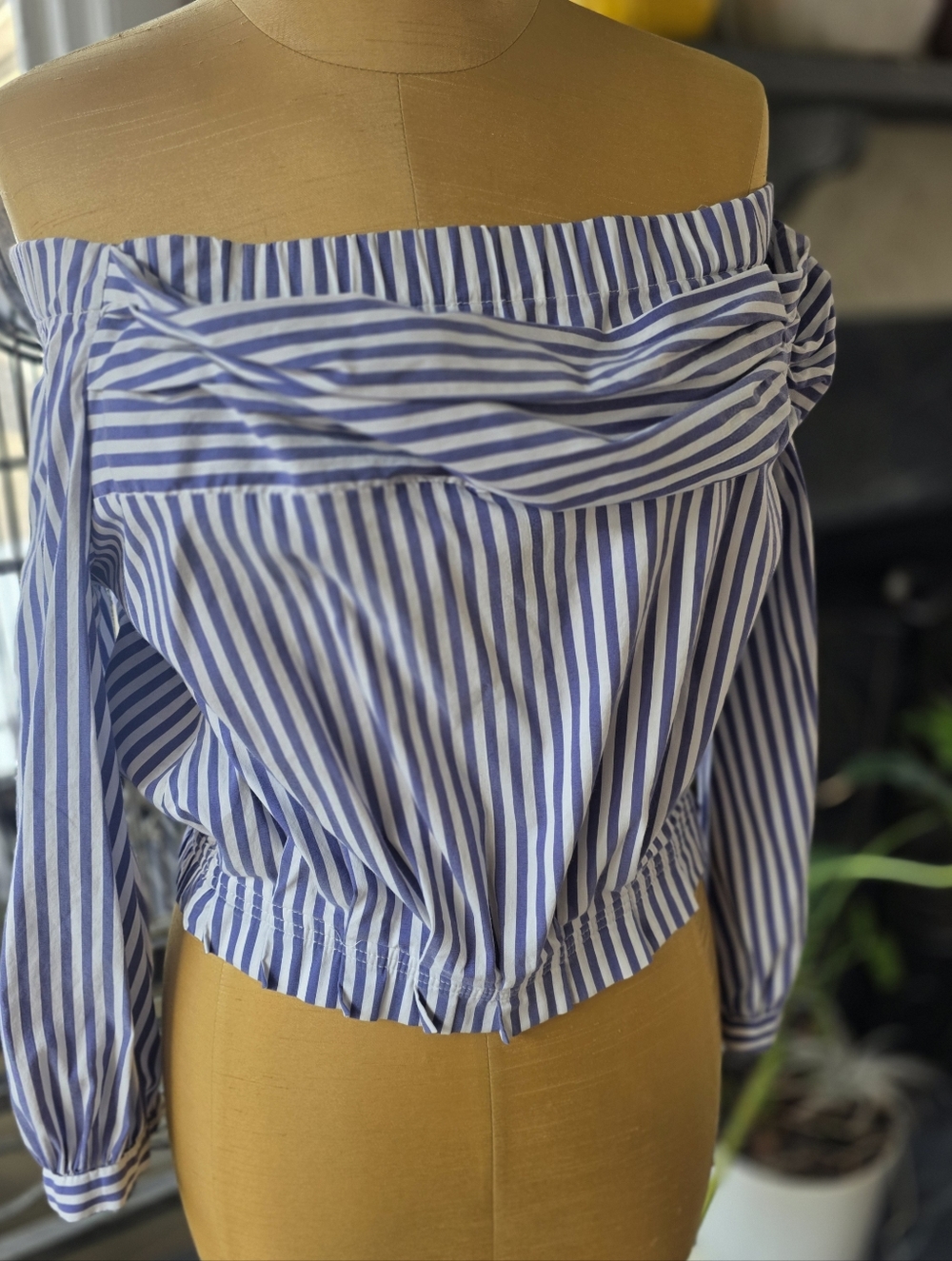 ZARA Off Shoulder Striped Crop Top Blue White Size M